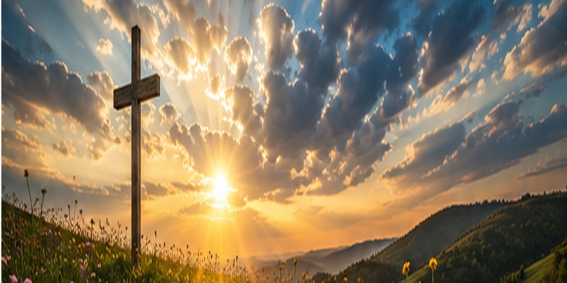 Cross in nature at sunrise