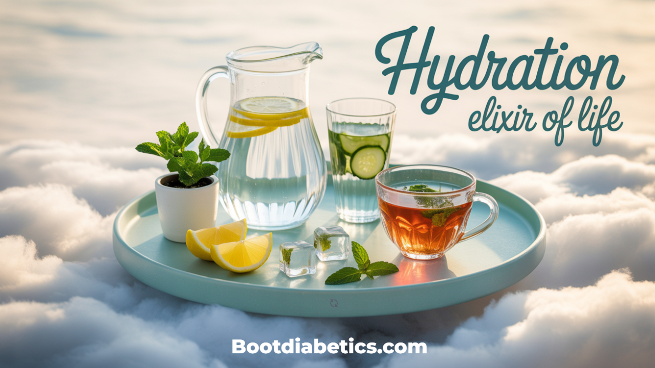 A tray with a pitcher of lemon water, tea, and fresh mint symbolizing hydration and holistic wellness