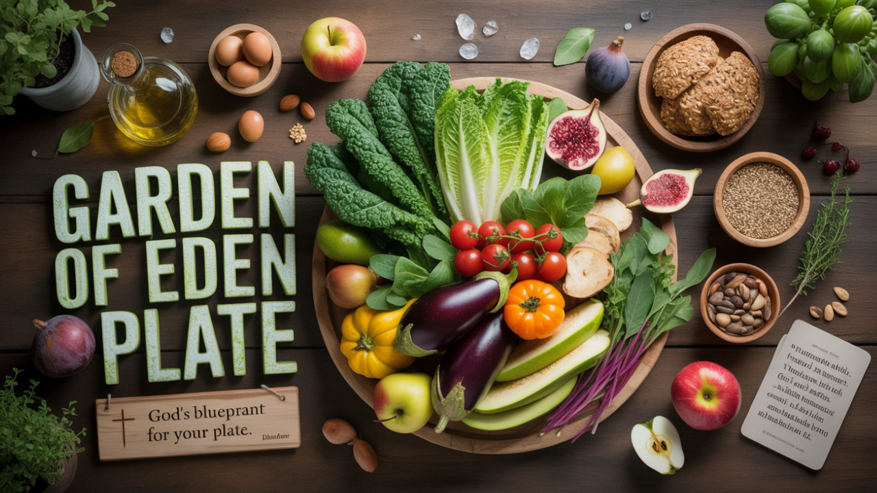 A colorful wooden plate surrounded by fresh fruits, vegetables, whole grains, and nuts representing the Garden of Eden Plate