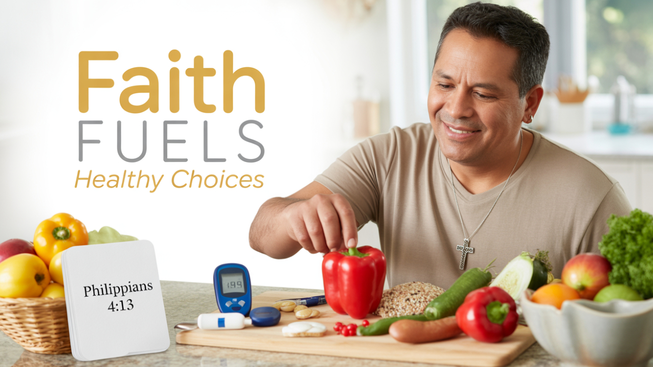 Woman checking her blood sugar next to an open Bible and tea