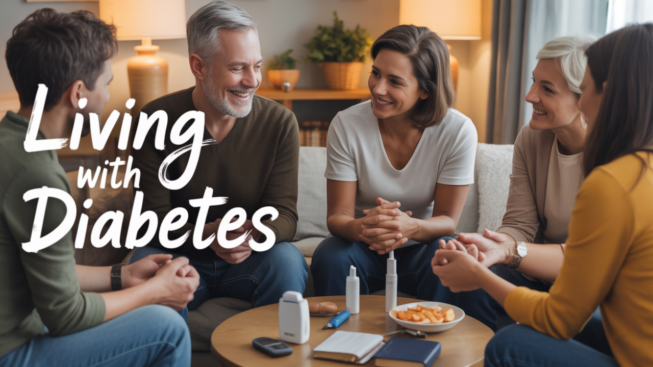 Support group seated around a table with diabetes supplies