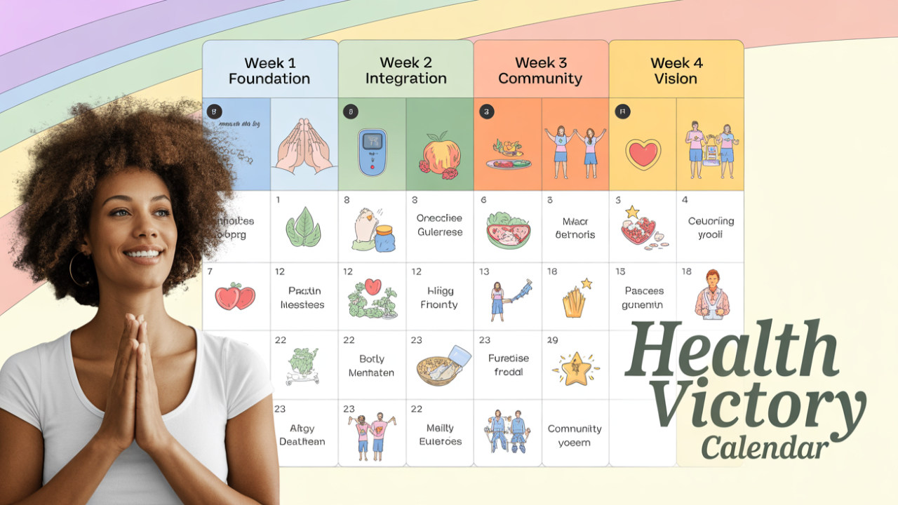 Monthly Health Victory Calendar with color-coded weekly themes