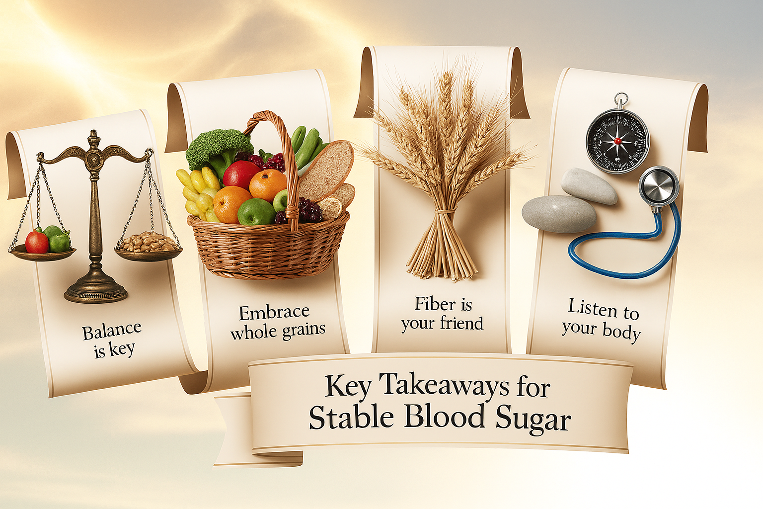 Infographic scrolls showing key takeaways: balance, whole grains, fiber, listening to your body, and lifestyle unity